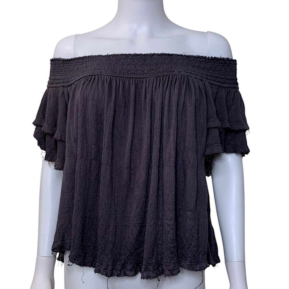Free People Santorini Top Size M Off the Shoulder Gray Crop Gauze Raw Hem Ruffle